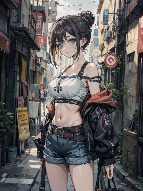 earring, big breasts, narrow waist, short hair, wavy hair, hair behind ear, half updo, black hair, looking at viewer, cowboy shot, streetwear, midriff, shorts, off shoulder,