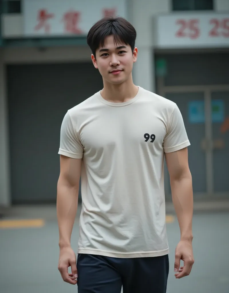 A young Asian handsome man skinhead hair, wearing t shirt , 99 number on t shirt on lest side small size , medium size hair, walking, smiling painfully 