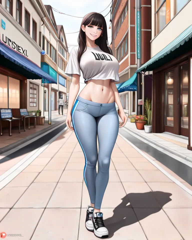 (Best Quality, Masterpiece, Photo realistic, Ultra Detailed, ultra high res, raw:1.3), 1girls, pretty, Japanese, smile, bangs, (big breasts),  (LowriseXL, LowwaistXL, groin:1.3), T-shirt, skinny pants, navel, (sneaker, beautiful legs, full body:1.2), main ...