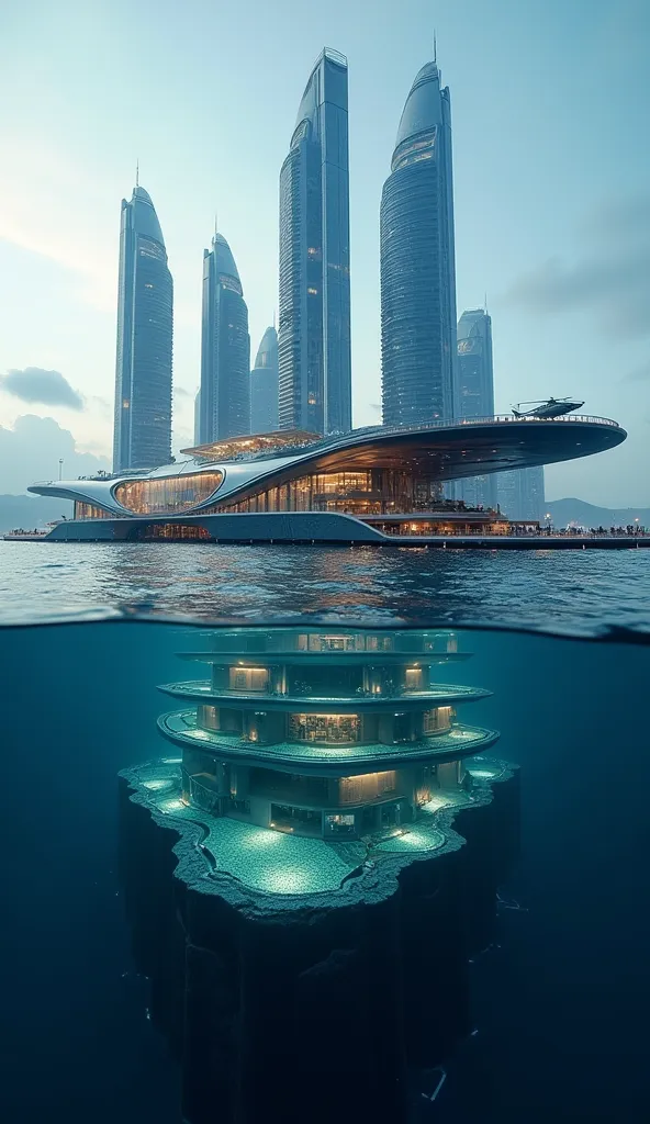 Camera from underwater, A massive floating platform on the open sea, featuring a futuristic and sophisticated design. Below the surface, an expansive network of modern underwater laboratories with sleek architecture and glowing lights. Above the platform, ...