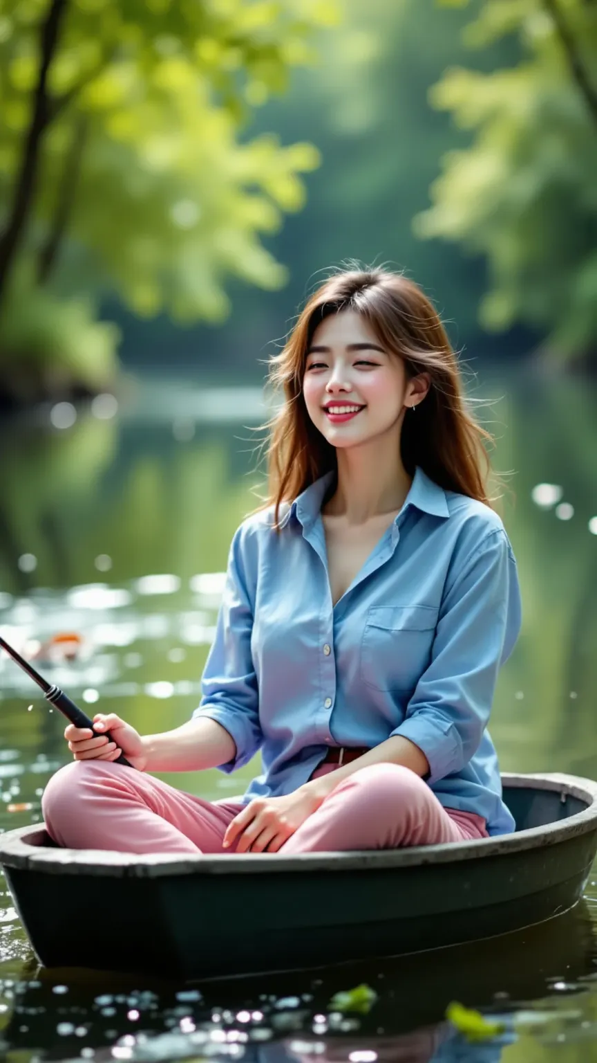 (((Big boobs and slim body,female),(smiling),( blue shirt ,pink pants))),She's sitting in a small boat and fishing while holding a fishing rod with her hands. It's a large river where you can see green trees and fish run on the surface of the water.top qua...