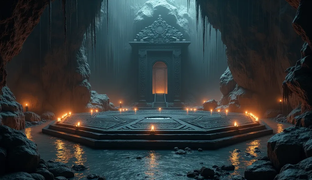 huge humid grotto, humid rock, large seawater basin in the center, carved black stone platform, braziers, half-light, darkness, occult temple in a natural grotto, horror