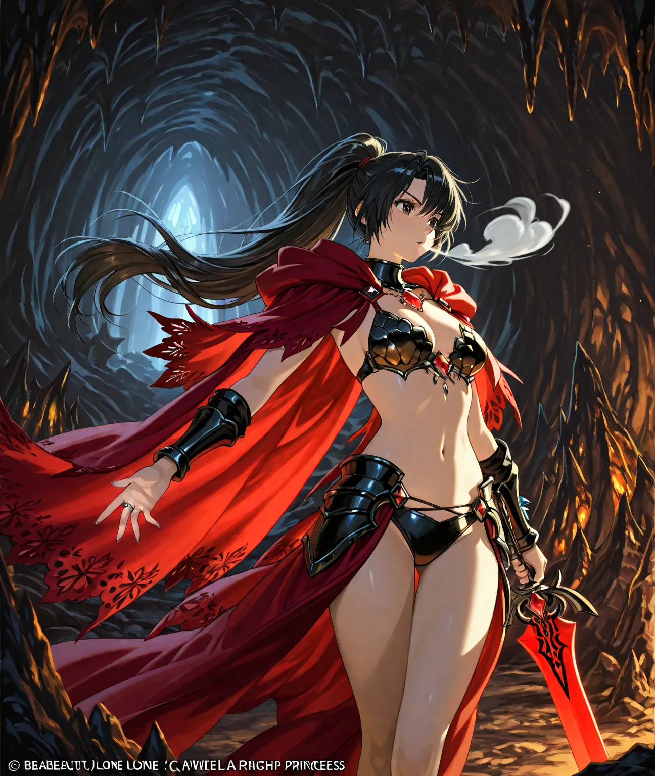 A beautiful lone princess, with a ring on her finger, facing a dark cave, wearing a red mantle and a jewel-encrusted bikini armor, black hair and ponytail, wind blowing her red mantle, holding a shining sword, dramatic lighting, fantasy art