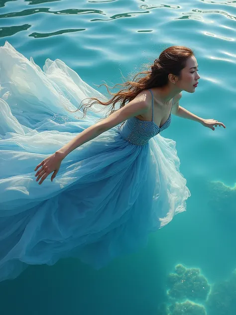 Envision a woman submerged in a liquid ballet, her gown flowing like the gentle ripples of a serene lake. The dress mirrors the shades of tranquil blues and aquamarines, embodying the fluidity of water. Her hair, a cascade of liquid strands, shimmers with ...