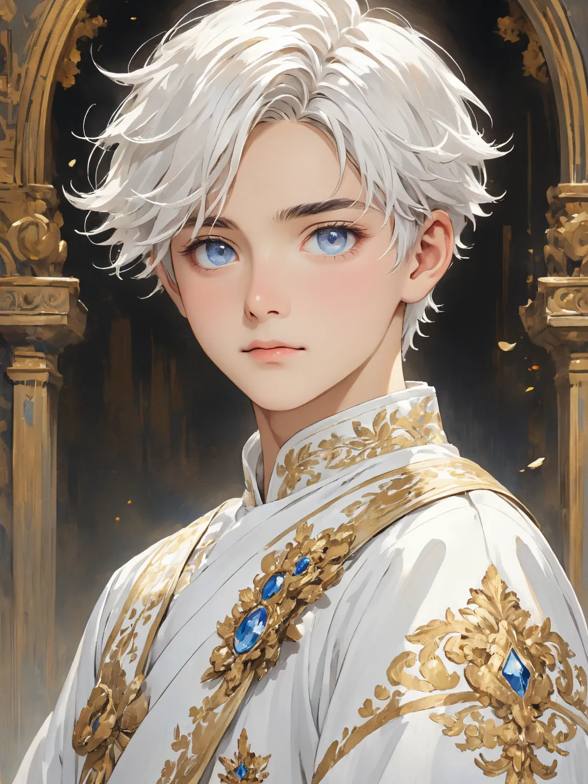 A boy with short white hair and white eyes wearing a white royal costume