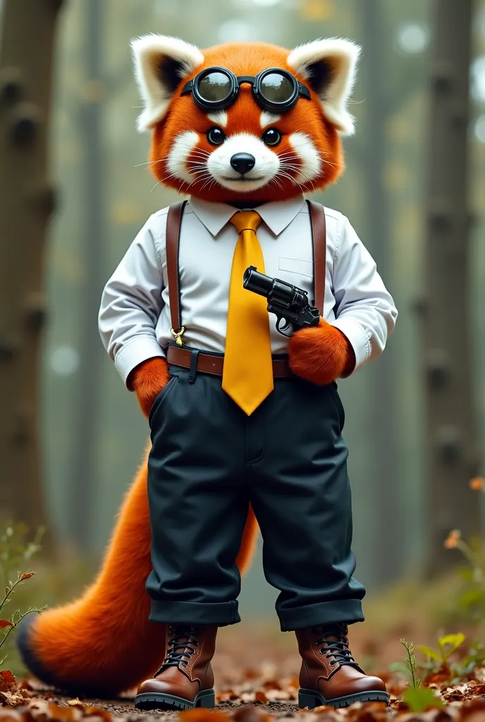 Big furry red panda(170 cm tall) . Dressed in a white shirt, business pants and boots. Goggle glasses on my head . Yellow tie on the neck. A serious man with a revolver in his hands against the background of the forest