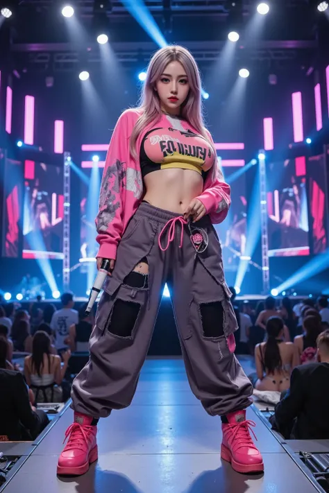 A breathtakingly beautiful young woman commands the massive live stage, surrounded by vibrant neon lights, LED panels, and dynamic spotlights. She exudes the charisma of a top-tier K-pop idol, striking a powerful and expressive dance pose, holding a sleek,...