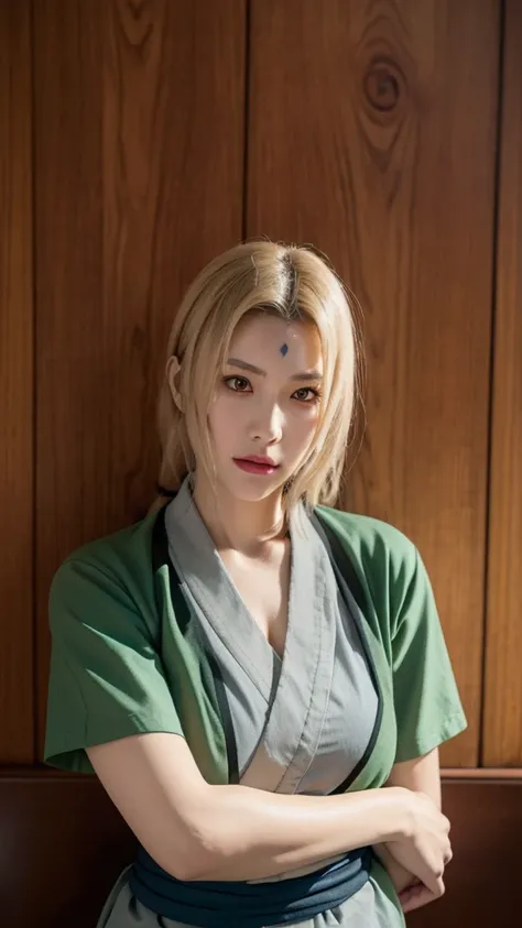 "A highly realistic, lifelike portrait of a woman resembling Tsunade from Naruto in a real-world setting. She has long, straight blonde hair with two loose strands framing her face and a diamond-shaped mark on her forehead. Her eyes are a striking hazel-br...