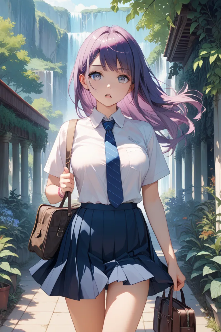 masterpiece, ultra detailed, fern, sexy, long purple hair, Slim figure, medium breasts, school uniform, navy blue tie, black short mini skirt, light pink string panties, brown school bag, Like a ager, 1 girl, beautiful, beautiful face, frown, open mouth, t...