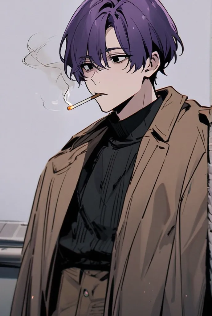 Wearing a brown coat,  have black eyes , smoking, You look tired,  has purple hair , is 25 years old and an adult, In the image he is alone, Do you have cigarettes in your mouth 