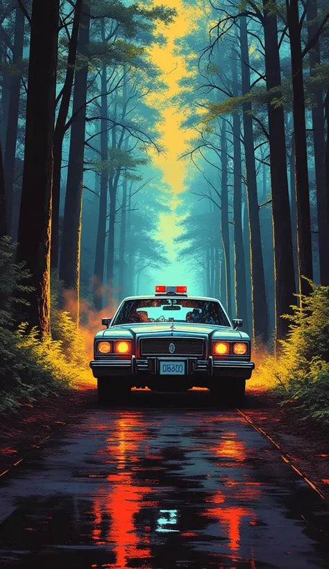 Masterpiece, Best Quality, Ultra High Resolution, Visually Stunning, Beautiful, Award-Winning Art (Abstract Art: 1.3), Beautiful))))) ,, beautiful and sexy traffic female-cops on the background. A police car on a track in a pinap -style forest - the 50s Tr...