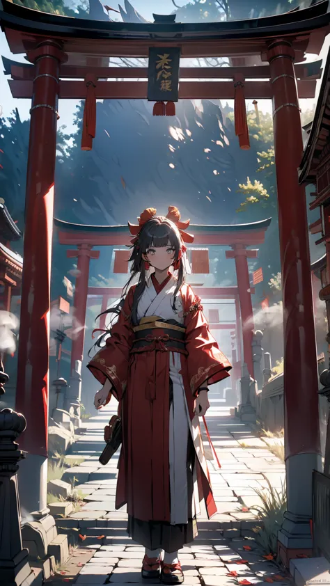 masterpiece, best quality, photorealistic, super detailed, fine-grained, High Resolution,  8k, big red torii, shrine, , bob hair,  shrine maiden costume, Religious Ceremony, Late Night, Solemn, Mysterious, fog