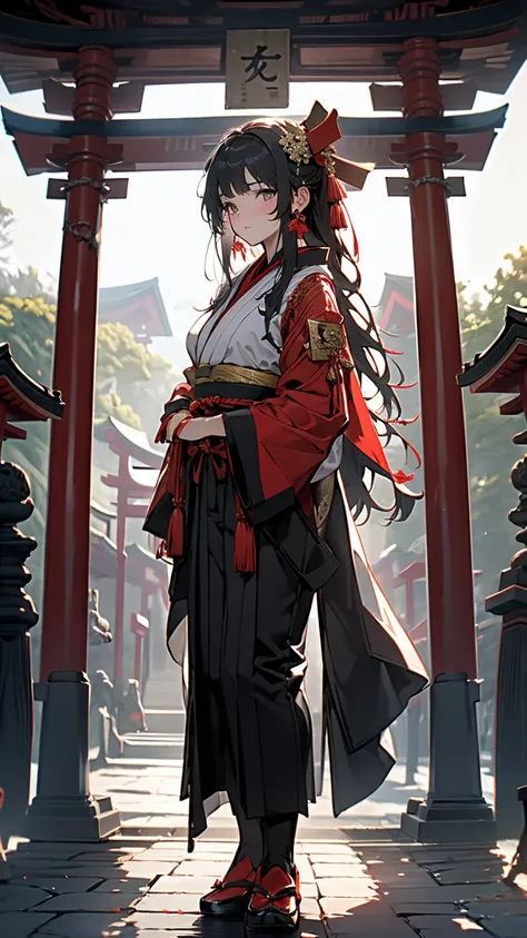 masterpiece, best quality, photorealistic, super detailed, fine-grained, High Resolution,  8k, big red torii, shrine, , bob hair,  shrine maiden costume, Religious Ceremony, Late Night, Solemn, Mysterious, fog