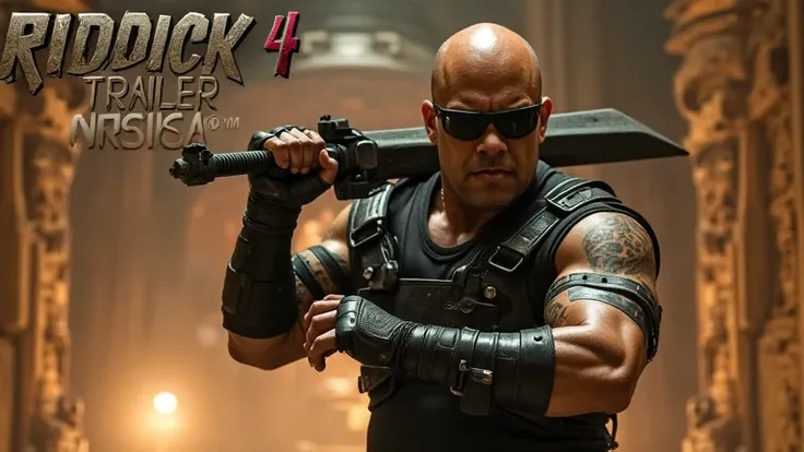 A hyper-realistic, cinematic action scene featuring VIN DIESEL as a battle-hardened warrior in a futuristic, post-apocalyptic setting. He has a bald head, wears sleek black goggles, and has a rugged, muscular physique. His arms are covered in battle scars,...