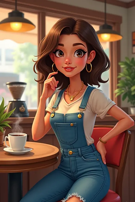 Pretty girl boss cartoon character in a coffee shop wearing bibs