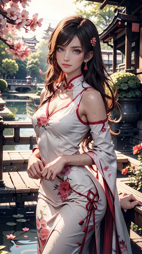 beautiful Chinese woman, 、A sleeveless qi pao with luxurious decorations（cheongsam）、 Half Length Pictures  , delicate and sexy collarbone, above Eter regi, double eyelid, Bright pink eyes, pink lips, small nose, bare shoulder,  focused face , face up, Ultr...