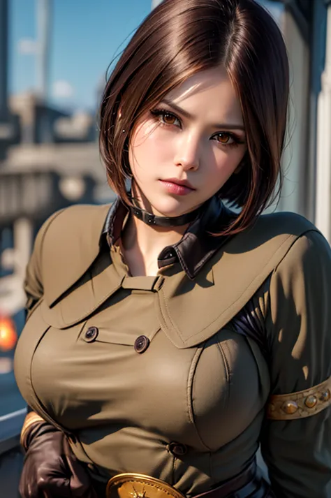 Long Bob hair, voluminous hair, Beautiful woman, military uniform, solo, beautiful, detailed, realistic, large breasts, Brown eyes, makeup, lipstick, sexy, serious face, perfect, perfect body, belt, Long gloves, Brown hair, choker, half body, look at viewe...