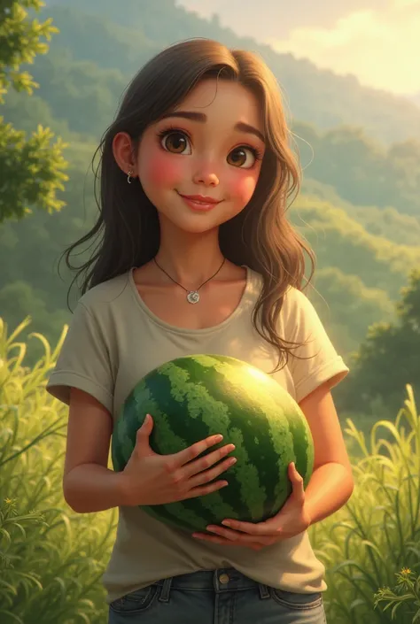 Holding watermelon in hand in front of a beautiful background