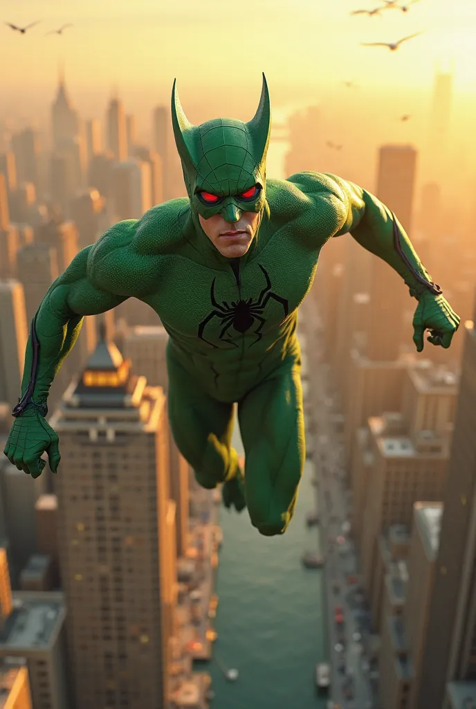 You can use the following text to create this photo:

"impoverished, has an athletic body, wears an all-green costume, a mysterious figure with red eyes and pointed ears, floating above tall buildings. his costume has a black spider symbol on its chest. ar...