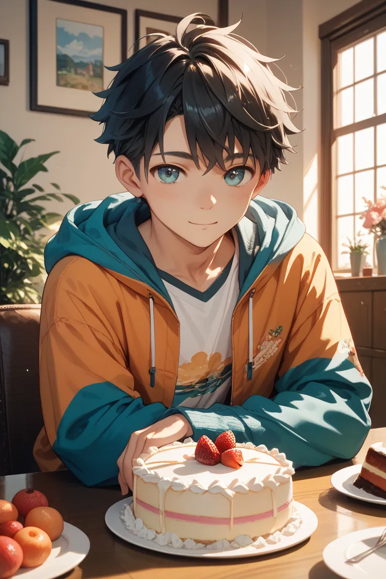 A cute man with black hair and a hoodie is holding a cake、Sumptuous food on the table、Room decorations for birthdays、Japanese anime style