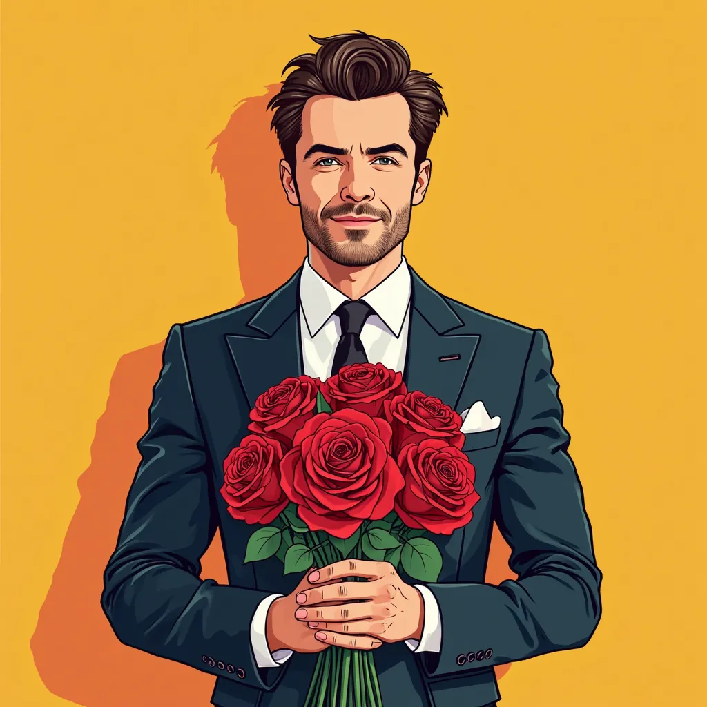 Handsome brunette man in an expensive suit with a luxurious bouquet of red velvet roses in his hands.  line art . Bright and colourful.