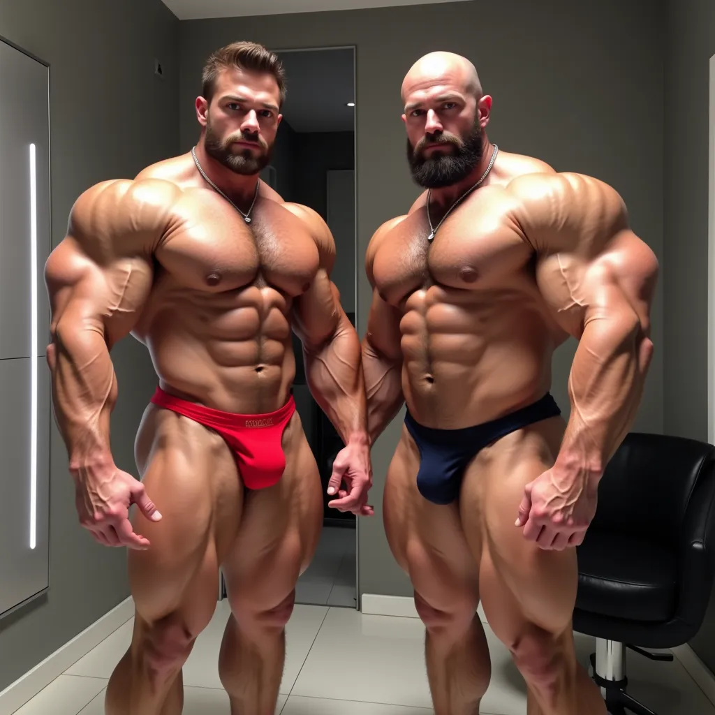 This is a photograph featuring two muscular, shirtless men with extremely large muscular physiques, showcasing extremely huge exaggerated muscles, especially in their arms, chest, legs and buttocks standing side by side in a modern, minimalist room with gr...