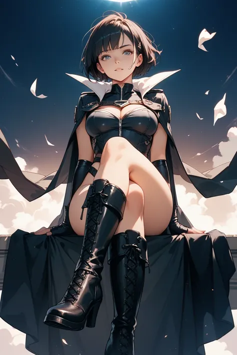 a backshot of girl with a black and straight short hair, wearing a black and small sexy superhero costume without cape, eyes are downturned, wearing black boots, crossed legs