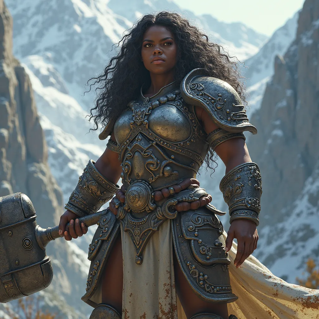 A fantasy dwarf woman with attached curly hair, black skin, wearing a light armor and holding a huge hammer