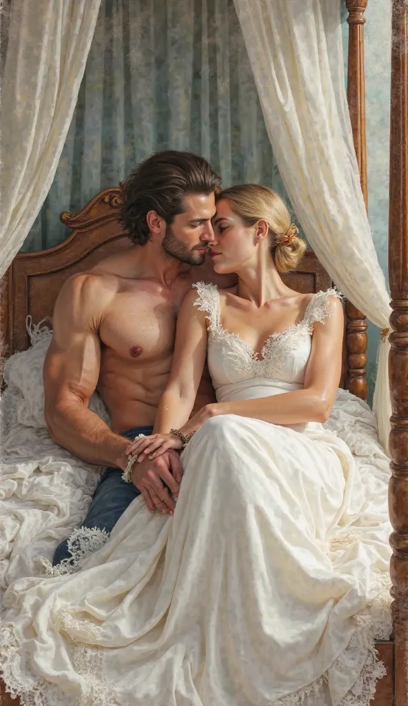 a watercolor-like image of a blonde woman from the 1800s, wearing a white silk gown, sitting on the lap of her shirtless husband, lying on the four-poster bed, kissing.