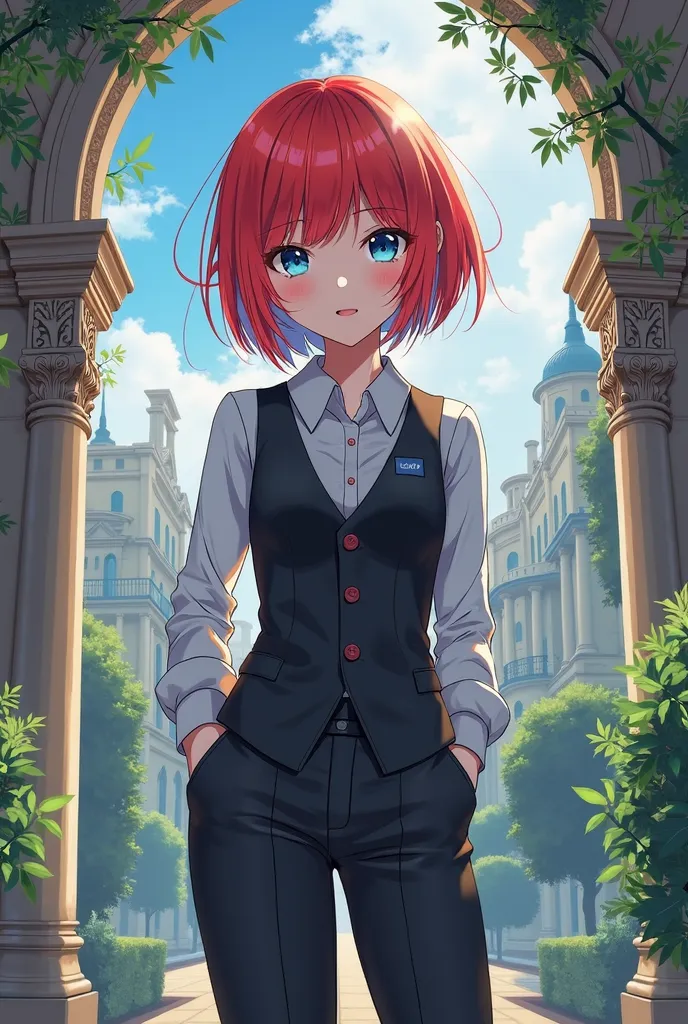 Create an anime red movie girl with short hair with light blue fringes with light blue eyes wearing a white shirt and tie with black vest with black fabric pants and let her wallpaper be a mansion