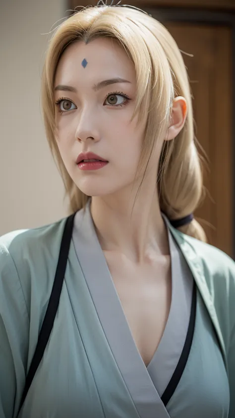 "A highly realistic, lifelike portrait of a woman resembling Tsunade from Naruto in a real-world setting. She has long, straight blonde hair with two loose strands framing her face and a diamond-shaped mark on her forehead. Her eyes are a striking hazel-br...