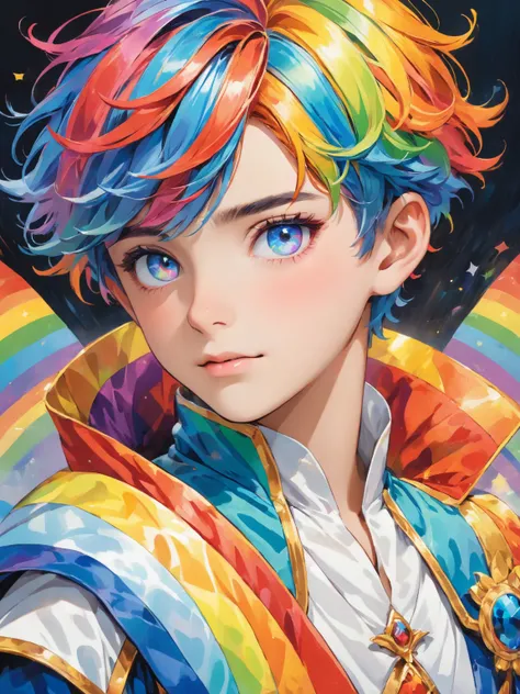 A boy with rainbow short hair and rainbow eyes wearing rainbow royal costume