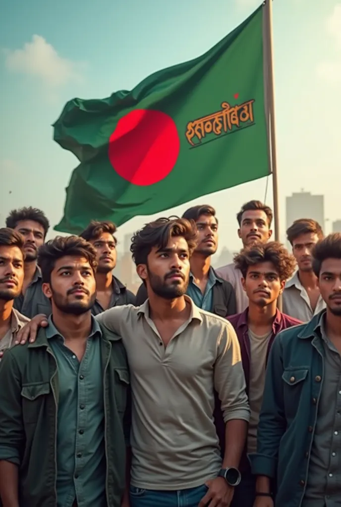 Some young men standing with bangladeshi flag, where is writen 'MOHISMARA'