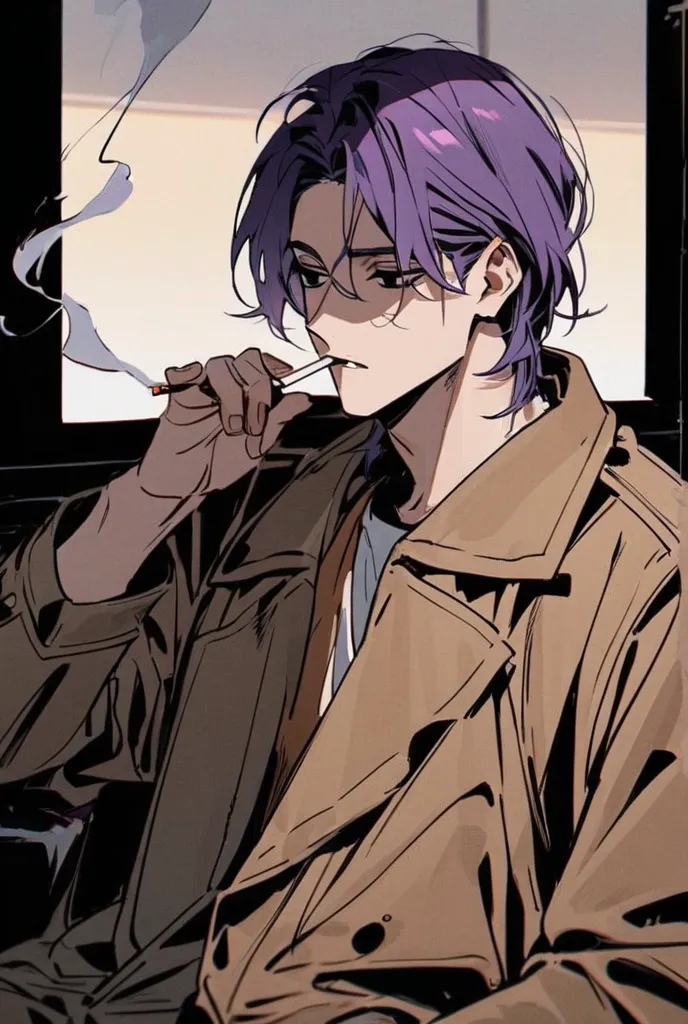 Wearing a brown coat,  have black eyes , smoking, You look tired,  has purple hair , is 25 years old and an adult, In the image he is alone, Do you have cigarettes in your mouth.