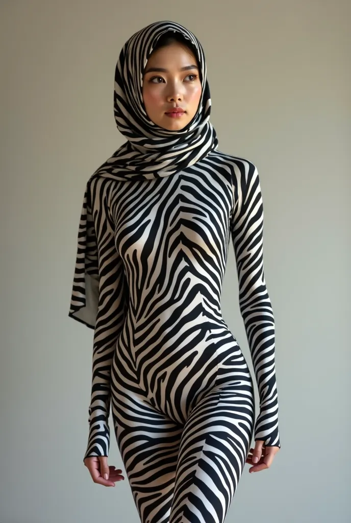 The beautiful,thin,most pretty and clever Asian muslimah woman with beautiful cheeks wears zebra print lycra footed turtleneck unitard catsuit covered with stripes and zebra print lycra elastane stretchy dancewear long hijab covered with stripes.
