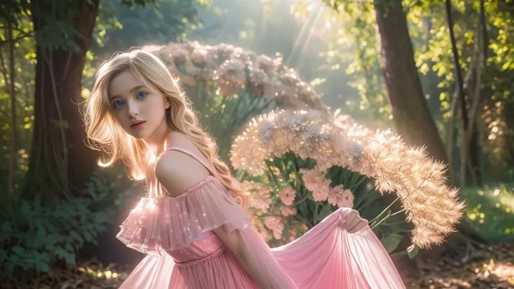 (8k), (masterpiece), (best quality), (super details), (Award-winning), (realistic), lens flare, Shining Light, Woman in a pink dress standing in the woods, (photo shoot),  modeling shoot with large corners, beautiful girl, (beautiful face:0.8),  slender bl...