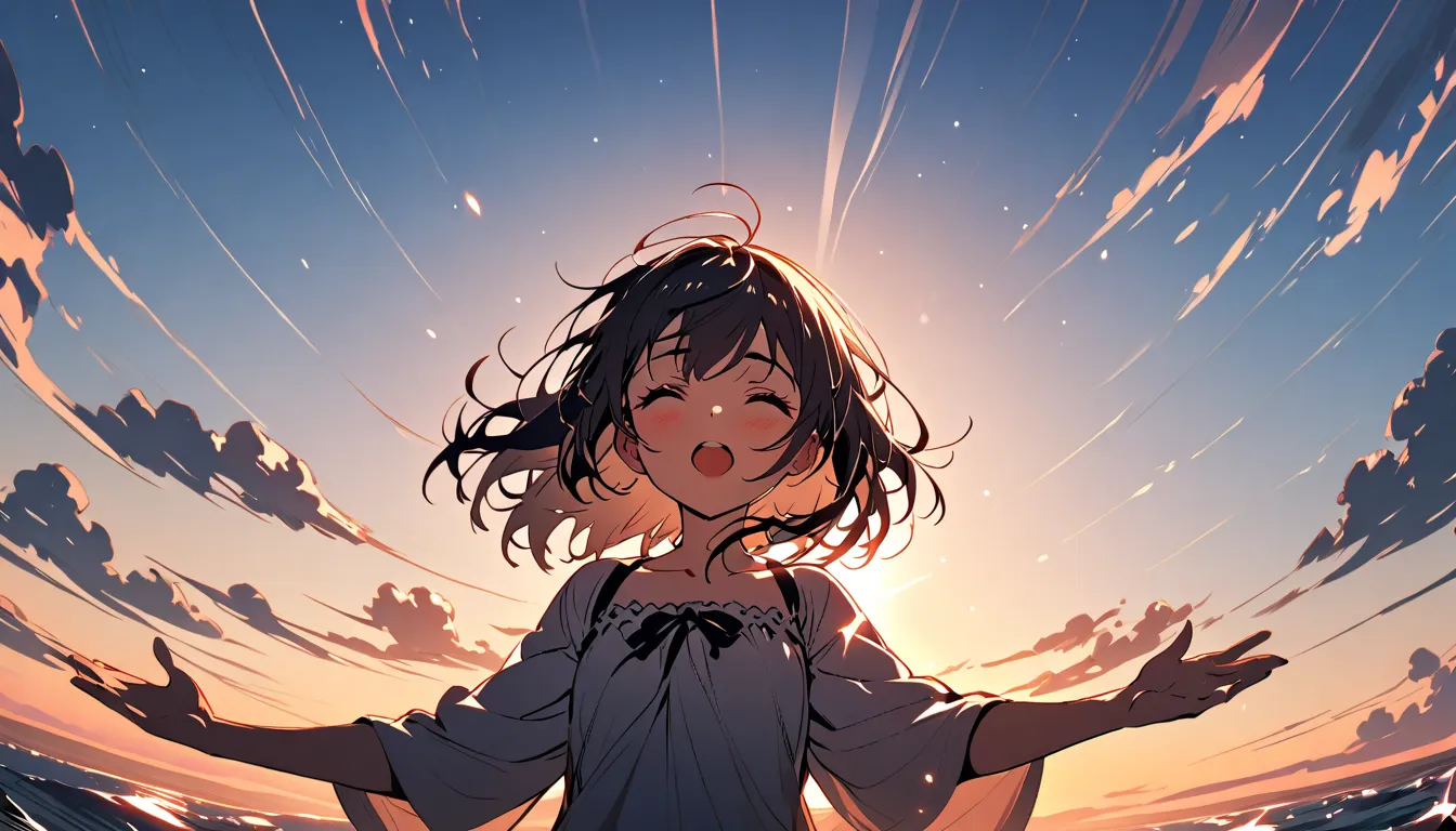 A girl pleading for something, reaching out towards the sun