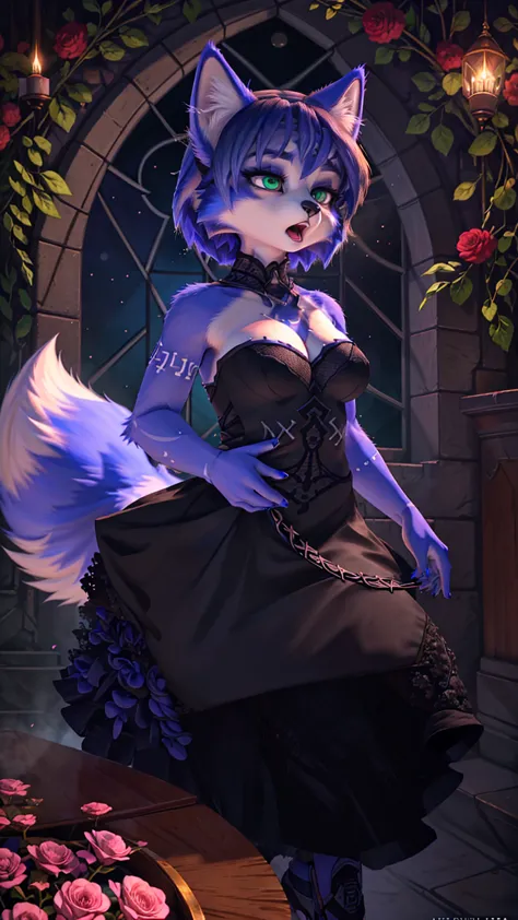 ((krystal)), Star Fox-Krystal, lovable,    green eyes, (((   Long blue hair 1  .3))),  cleavage, anthro, blurred,  detailed Fluffys fell,   detailed face , (Fluffy),     1 girl, ,woman, Goth,    green eyes, Undercut,  ultra-realistic 8k CG   ,    masterpie...