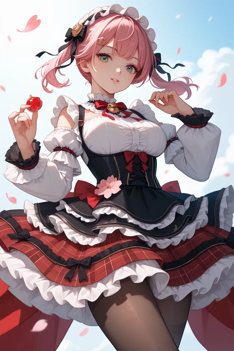  ((with her head intentionally cropped out of the frame.)),A beautifully detailed anime-style illustration of a girl with long, flowing pink hair, wearing a stylish gothic lolita-inspired outfit. She wears a white blouse with ruffled sleeves, a red plaid s...