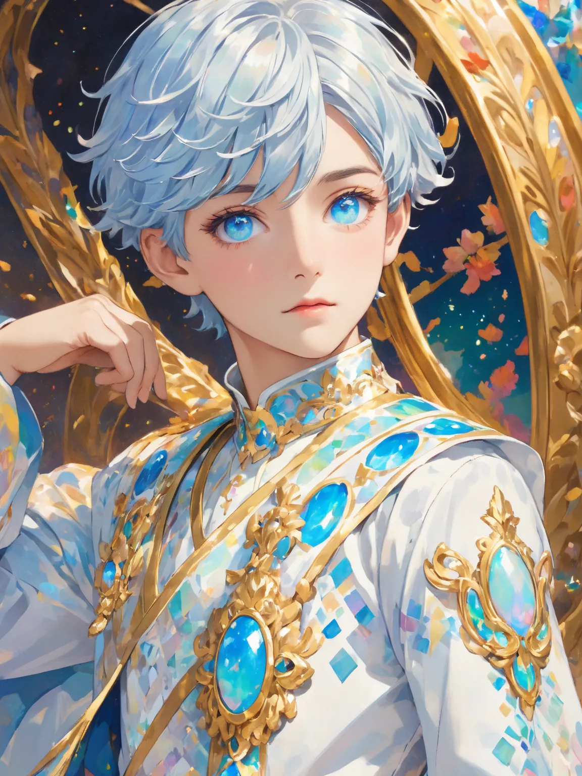 A boy with opal short hair and opal eyes wearing opal royal costume