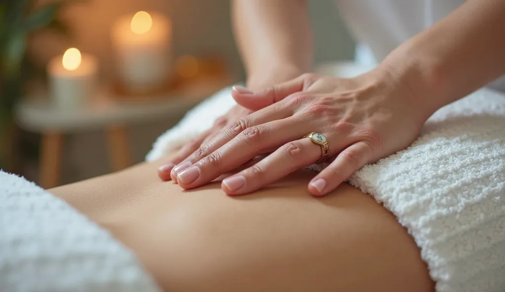 A refined and sophisticated scene showing a close-up of the hands of an experienced professional performing a relaxing massage on a client's abdomen. The delicate hands glide smoothly over the skin, conveying a sense of care and well-being. The client’s sk...