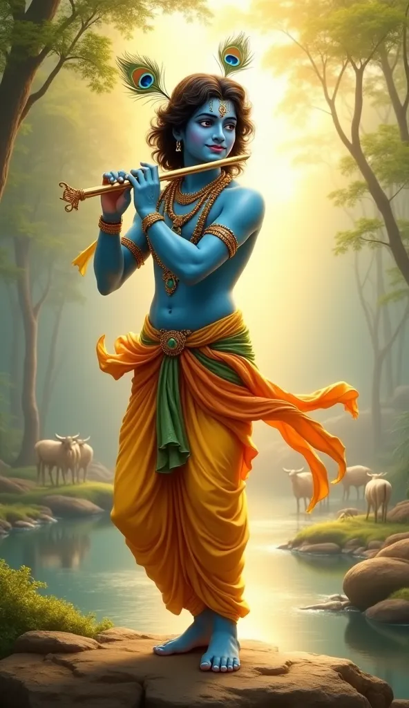 "A divine and mesmerizing depiction of Lord Krishna standing gracefully, playing his enchanting flute. He has a serene smile and radiant blue skin, dressed in a golden-yellow dhoti with a flowing silk shawl in shades of orange and green. A peacock feather ...