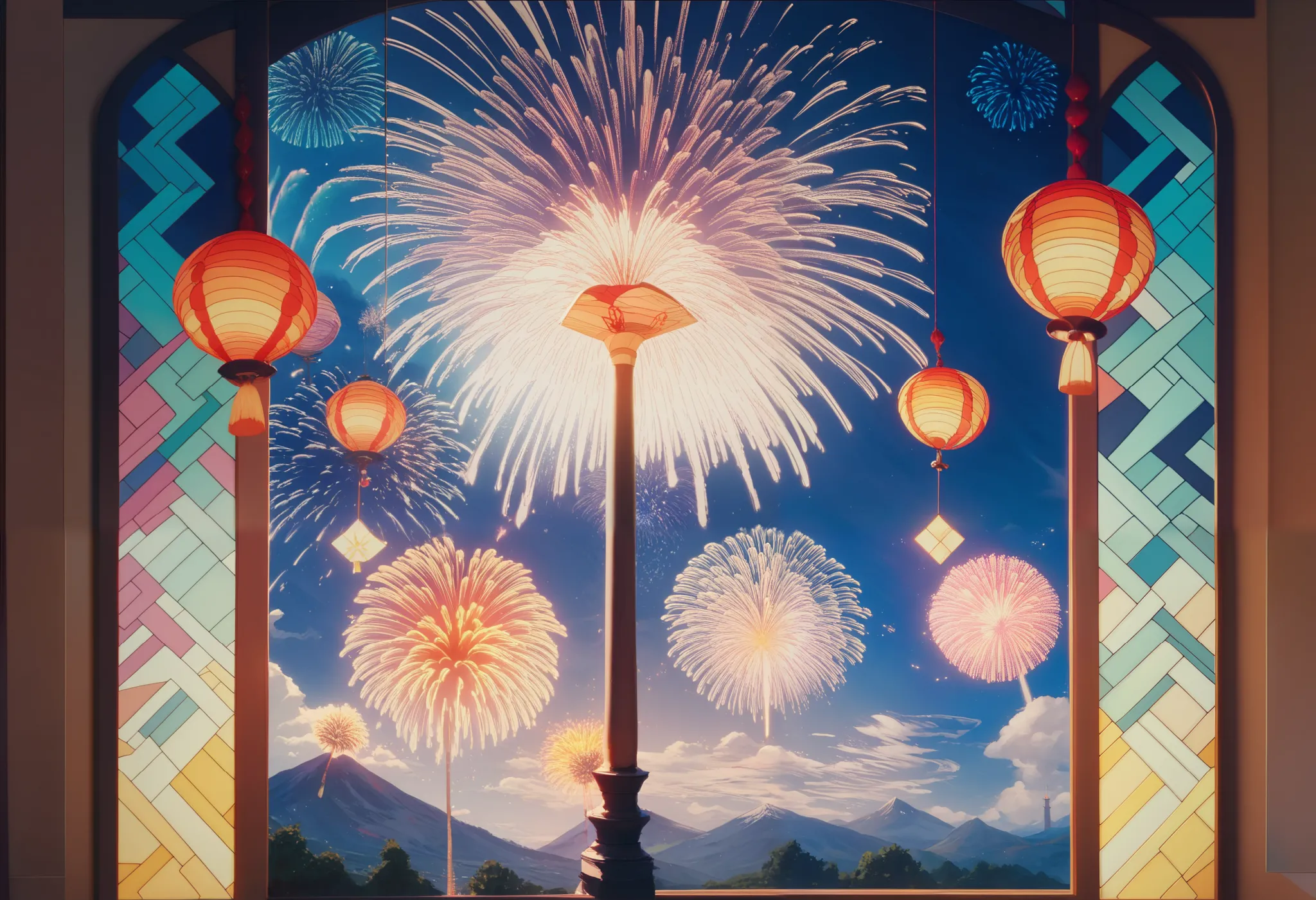 stained glass art、Japanese Culture、colorful fireworks、 colorful digital art 、beautiful digital painting、beautiful stained glass fireworks、 beautifully detailed digital art 、beautiful fireworks launch on the riverside、A fantastical worldview、8ＫAmazing works...