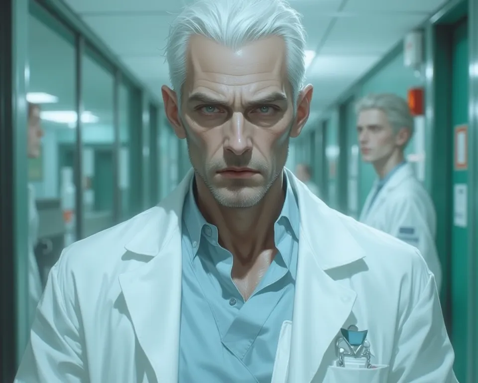 person, hospital background, looking at the audience, best quality, Wear a white medical uniform, No beard,  white hair,  face, stone, bitter eyebrows , , left and right eyes are different in color., 