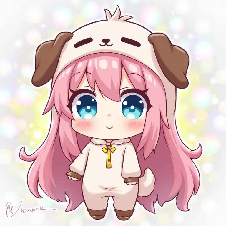 Figure wearing a dog costume , long pink hair long hair、Blue Eyes, Blue Eyes, Blue Eyes, illustration for both eyes,  cute cute cute , background is rainbow soap bubbles、nyaruko-san,  chibi!!!  Neferpitot,  chibi,  maple story, 、 chibi,    senko-sa  , kawa...