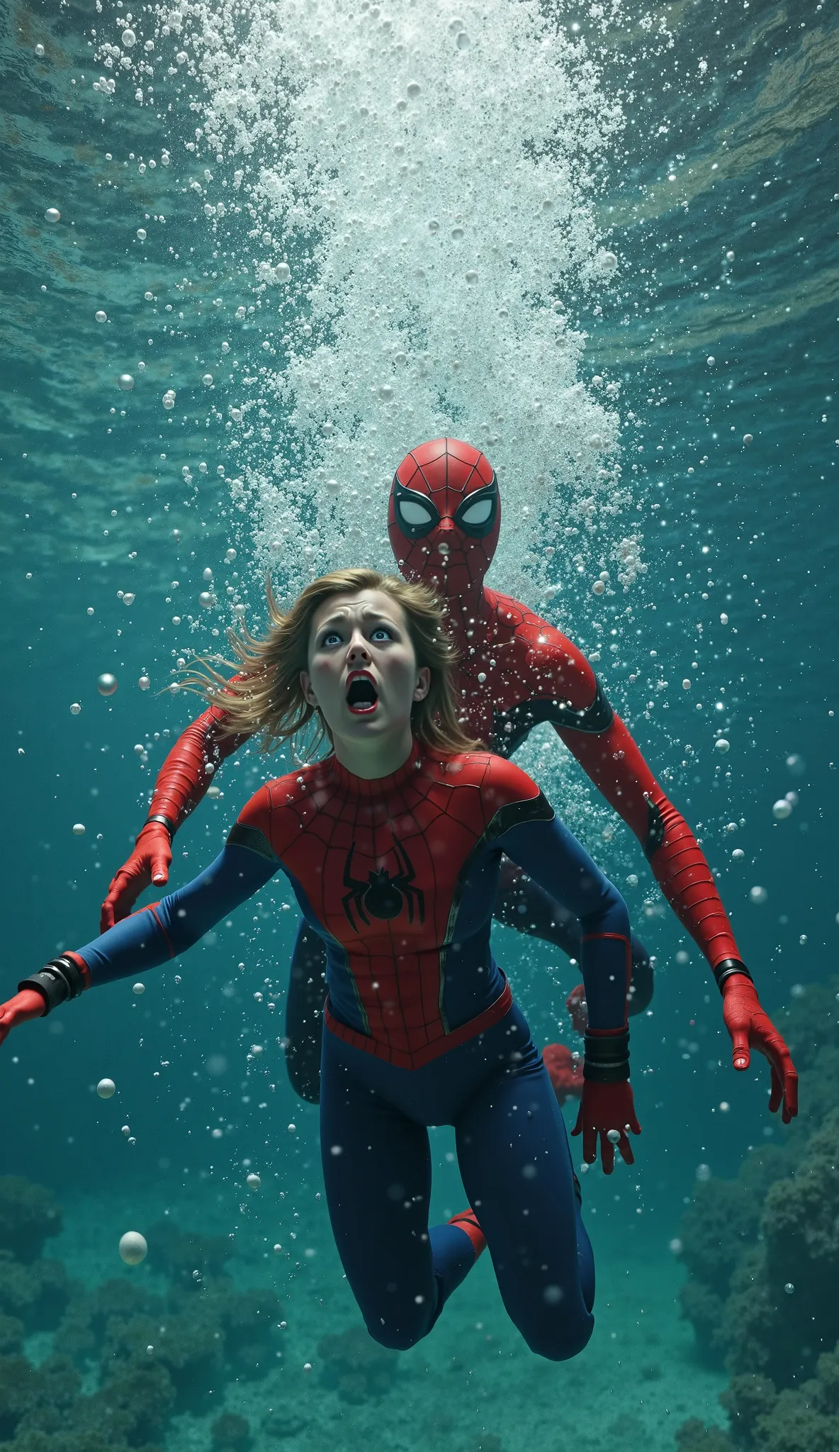 *"An ultra-HD, hyper-realistic cinematic underwater scene featuring two individuals dressed in tight-fitting Spider-Man suits in red and blue colors. The environment is deep underwater, illuminated by soft, diffused light filtering through the surface. Tin...