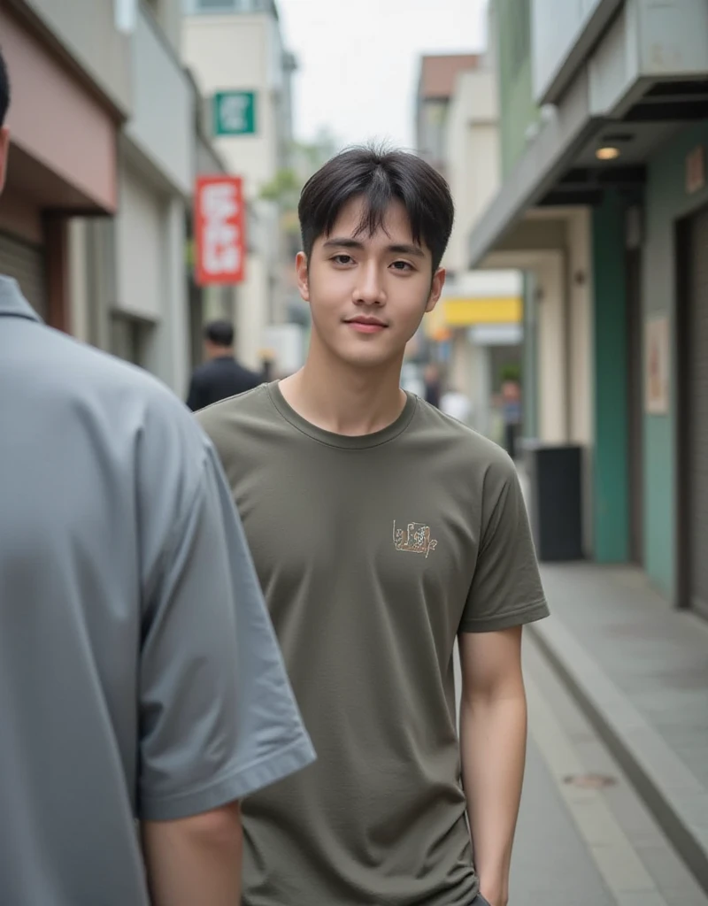 A young Asian handsome man skinhead hair, wearing t shirt , 98 number on t shirt on lest side small size , medium size hair, walking, smiling painfully 