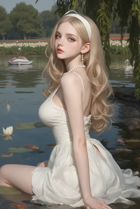 A beautiful girl, blonde hair, blue eyes, Long hair, pretty face, hot body, huge breasts, slim waist, wide hips, White pink skin, long slender fingers, A white dress with a high neck, no sleeves, Elegant dress, slit dress, pearl necklace, necklace, earring...
