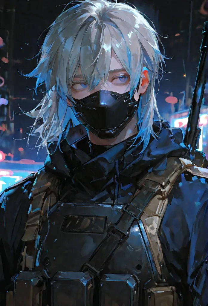  foreign country,   alone, 1 male, ,     gray hair, blue highlights at the ends of the hair,     blue eyes, 、   Cool vibe , ,  soldier、  Black Mask