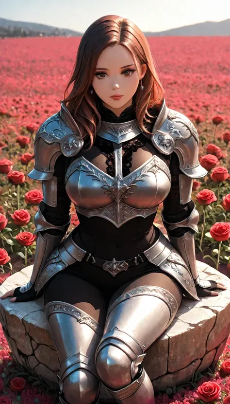 female knight, beautiful face, sitting on a stone, rose meadow background, oil painting, detailed portrait of a female knight with a strong yet gentle expression, wearing ornate sexy armor and sitting on a weathered stone in a lush rose meadow, light filte...